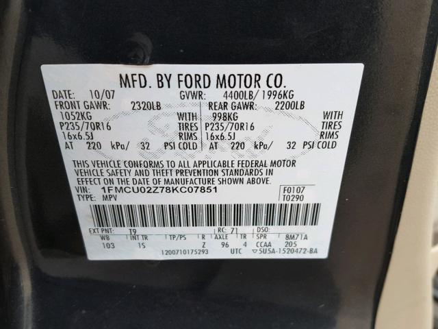 1FMCU02Z78KC07851 - 2008 FORD ESCAPE XLS BLUE photo 10