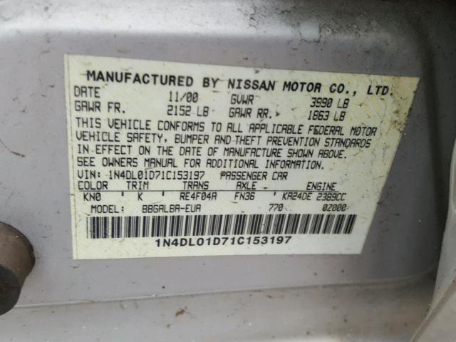 1N4DL01D71C153197 - 2001 NISSAN ALTIMA XE SILVER photo 10