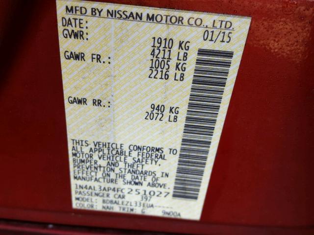 1N4AL3AP4FC251027 - 2015 NISSAN ALTIMA 2.5 RED photo 10