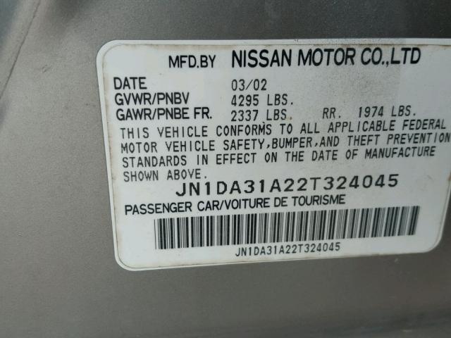 JN1DA31A22T324045 - 2002 NISSAN MAXIMA GLE SILVER photo 10