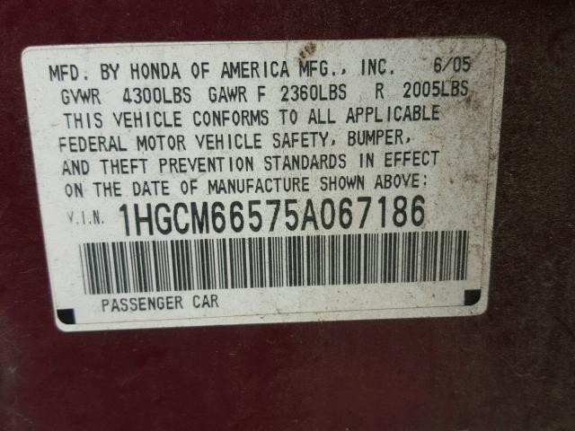 1HGCM66575A067186 - 2005 HONDA ACCORD EX MAROON photo 10