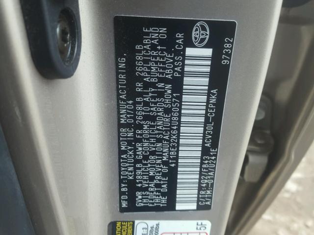 4T1BE32K64U860571 - 2004 TOYOTA CAMRY LE TAN photo 10