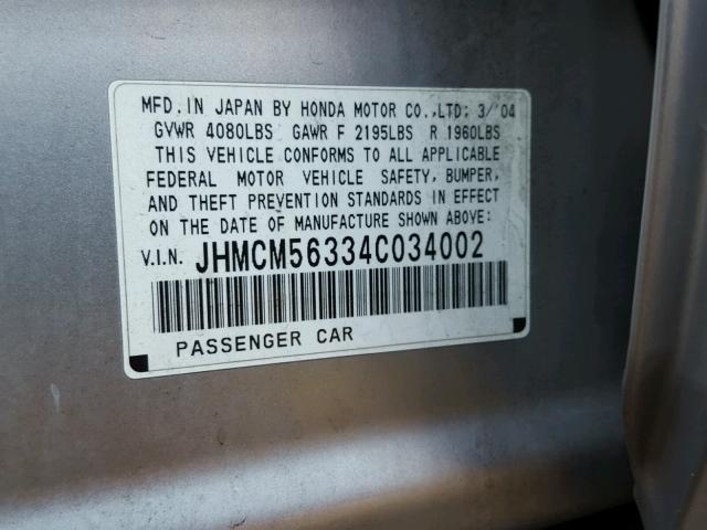 JHMCM56334C034002 - 2004 HONDA ACCORD LX SILVER photo 10