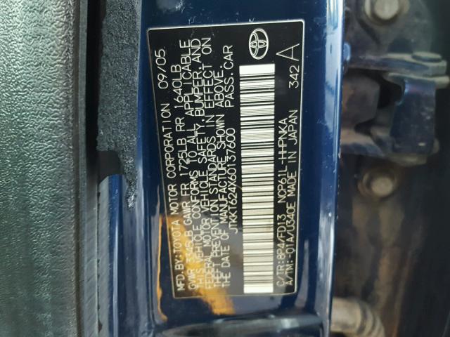 JTKKT624X60137600 - 2006 TOYOTA SCION XA BLUE photo 10