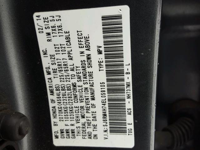 5J6RM4H74EL059105 - 2014 HONDA CR-V EXL GRAY photo 10