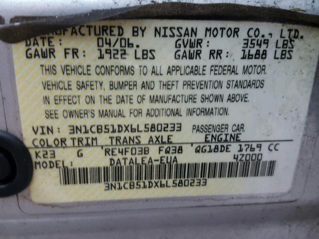 3N1CB51DX6L580233 - 2006 NISSAN SENTRA 1.8 SILVER photo 10