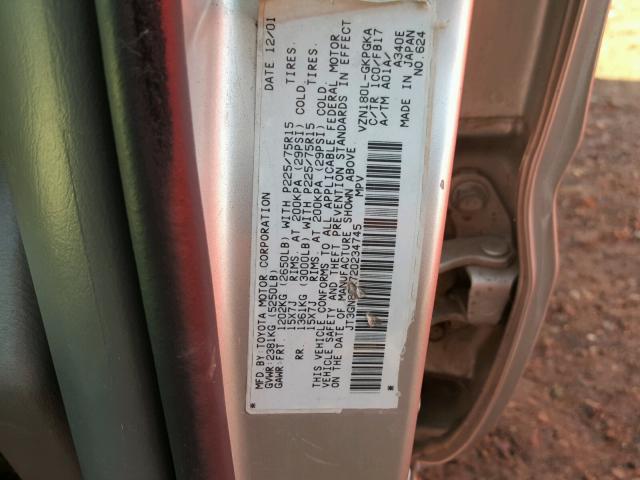 JT3GN86R720234745 - 2002 TOYOTA 4RUNNER SR GRAY photo 10