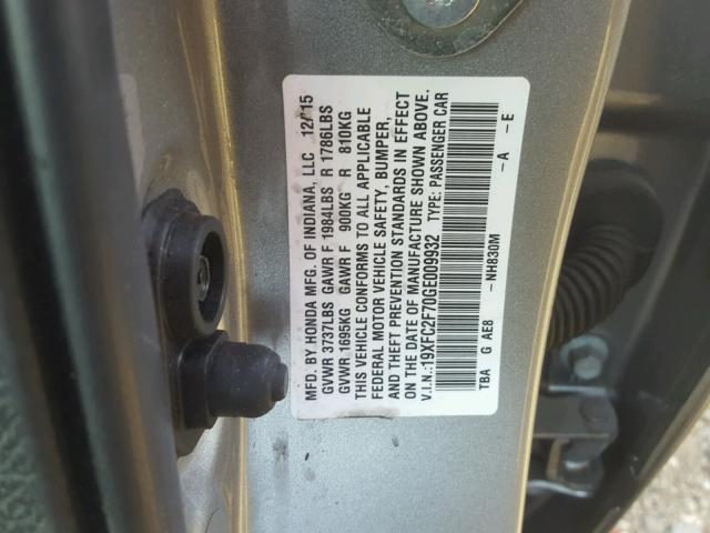 19XFC2F70GE009932 - 2016 HONDA CIVIC EX ნაცრისფერი ფოტო 10