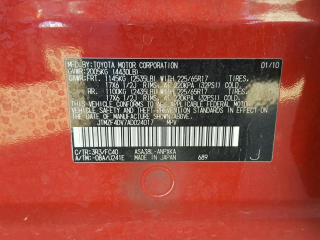 JTMZF4DV7AD024017 - 2010 TOYOTA RAV4 RED photo 10