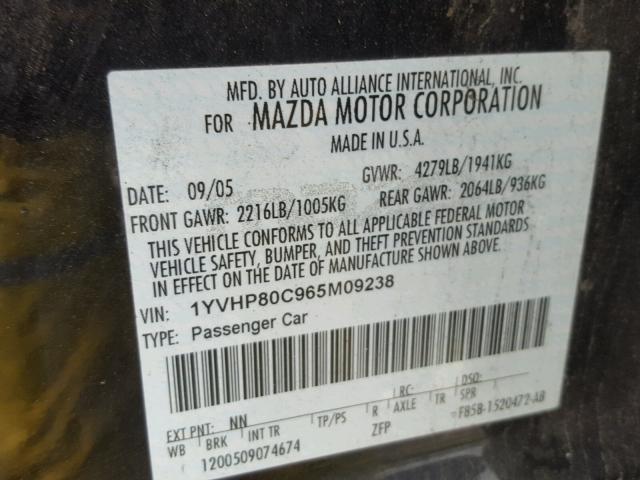 1YVHP80C965M09238 - 2006 MAZDA 6 I BLACK photo 10