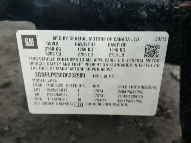 2GNFLPE30D6332909 - 2013 CHEVROLET EQUINOX LT BLACK photo 10