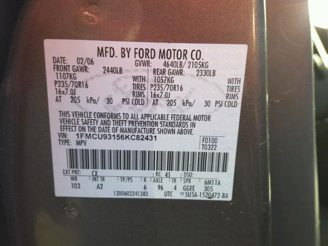 1FMCU93156KC82431 - 2006 FORD ESCAPE XLT GRAY photo 10