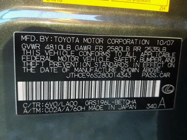 JTHCE96S280014343 - 2008 LEXUS GS 350 GREEN photo 10