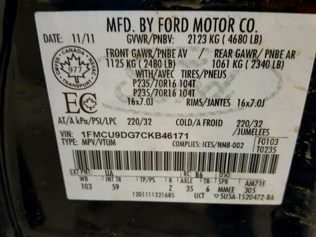 1FMCU9DG7CKB46171 - 2012 FORD ESCAPE XLT BLACK photo 10