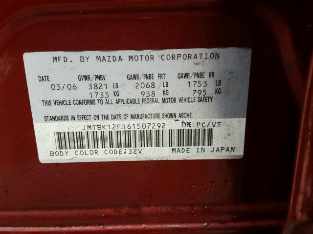 JM1BK12F161507292 - 2006 MAZDA 3 I RED photo 10