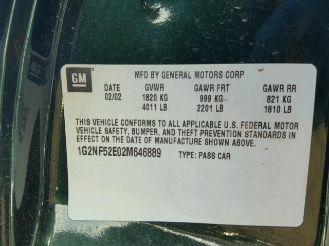 1G2NF52E02M646889 - 2002 PONTIAC GRAND AM S GREEN photo 10