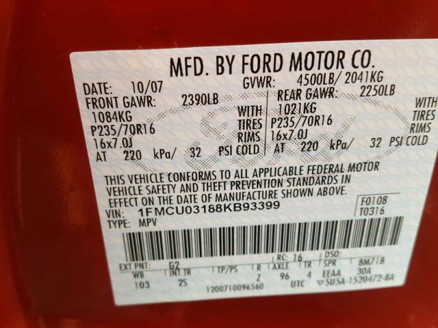 1FMCU03188KB93399 - 2008 FORD ESCAPE XLT RED photo 10