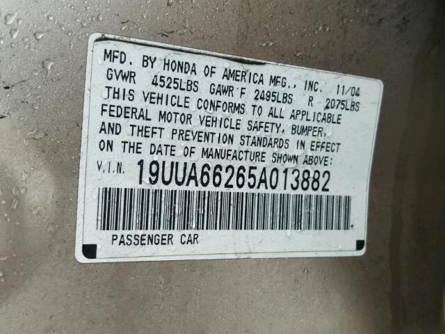 19UUA66265A013882 - 2005 ACURA TL TAN photo 10