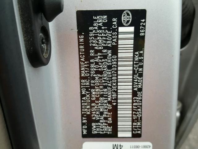4T1BF3EK0BU703950 - 2011 TOYOTA CAMRY BASE Արծաթագույն լուսանկար 10