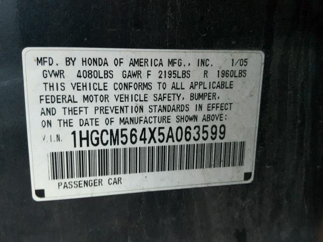 1HGCM564X5A063599 - 2005 HONDA ACCORD LX CHARCOAL photo 10