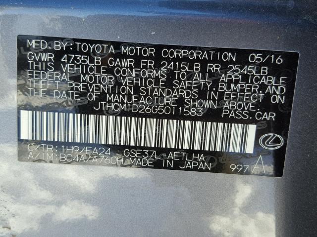 JTHCM1D26G5011583 - 2016 LEXUS IS 300 GRAY photo 10