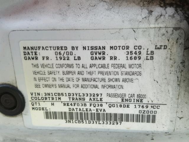 3N1CB51D3YL333297 - 2000 NISSAN SENTRA BAS WHITE photo 10