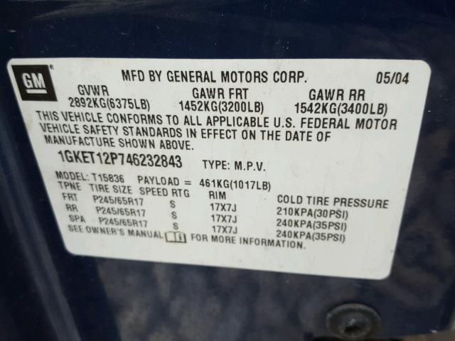 1GKET12P746232843 - 2004 GMC ENVOY XUV BLUE photo 10