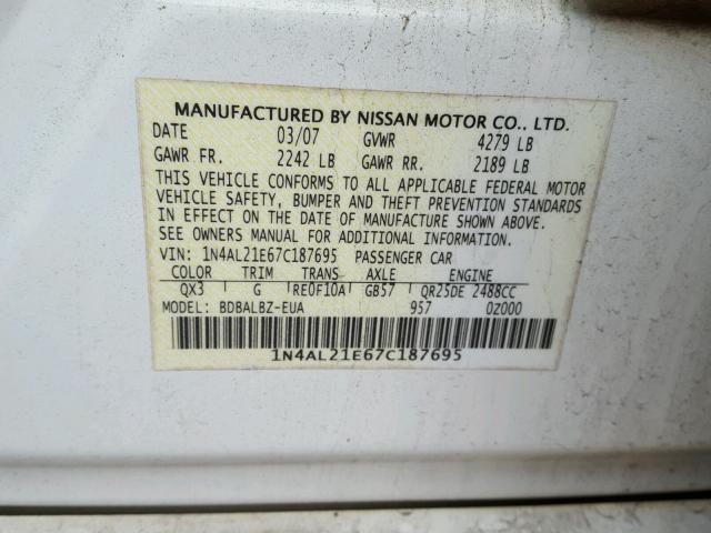 1N4AL21E67C187695 - 2007 NISSAN ALTIMA 2.5 WHITE photo 10