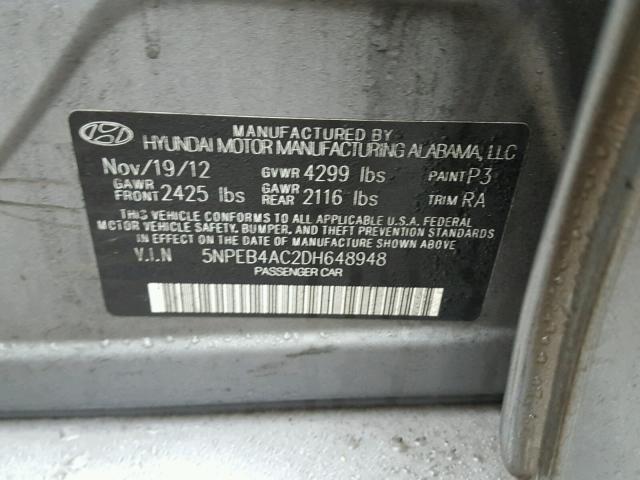 5NPEB4AC2DH648948 - 2013 HYUNDAI SONATA GLS GRAY photo 10