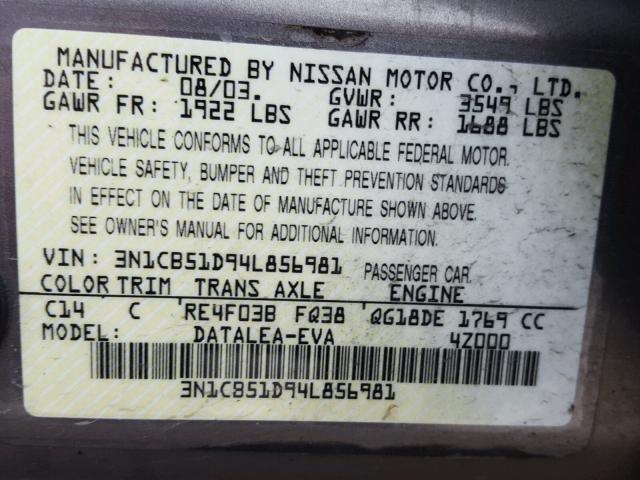 3N1CB51D94L856981 - 2004 NISSAN SENTRA 1.8 BROWN photo 10