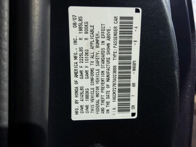 1HGCM72787A023889 - 2007 HONDA ACCORD EX BLUE photo 10