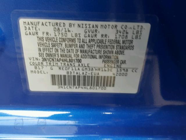 3N1CN7AP4HL801700 - 2017 NISSAN VERSA S BLUE photo 10