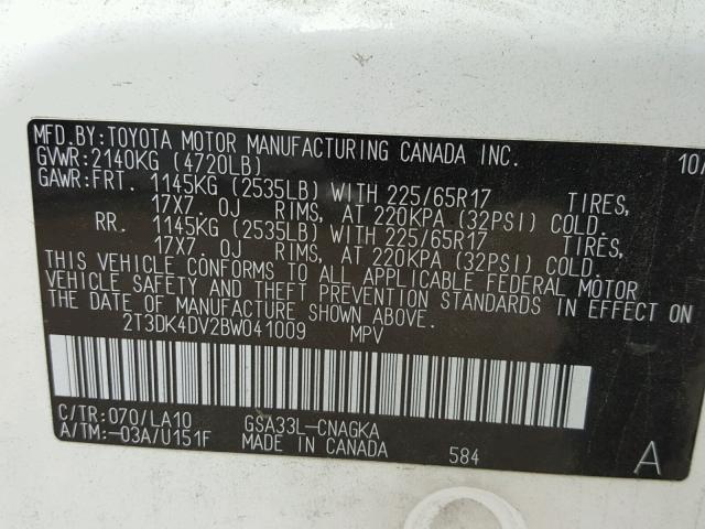 5T3DK4DV2BW041009 - 2011 TOYOTA RAV4 LIMIT WHITE photo 10