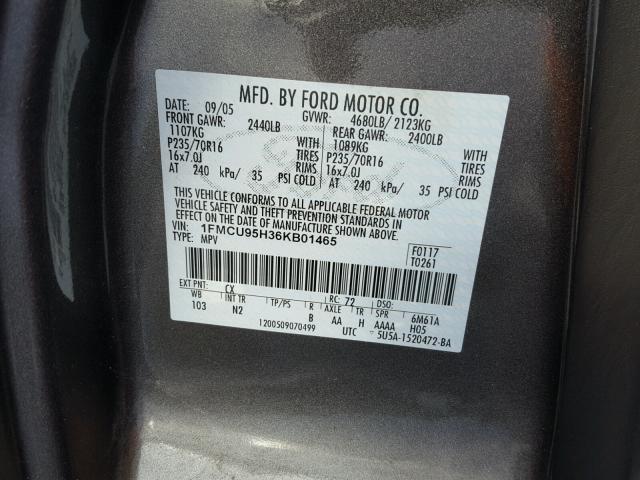 1FMCU95H36KB01465 - 2006 FORD ESCAPE HEV GRAY photo 10