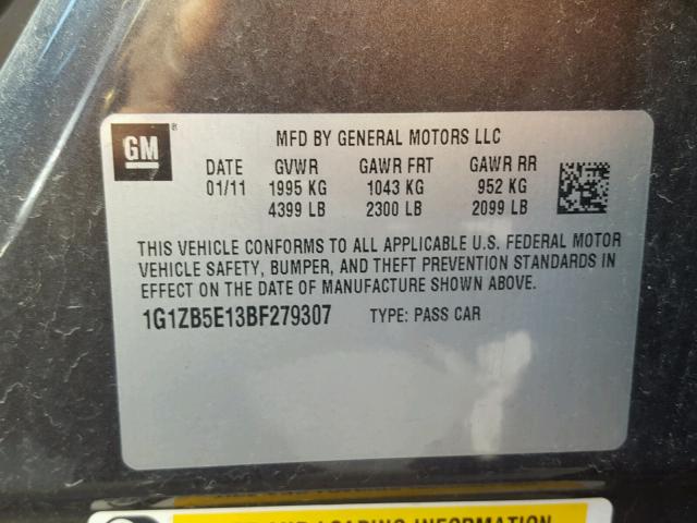 1G1ZB5E13BF279307 - 2011 CHEVROLET MALIBU LS ნაცრისფერი ფოტო 10