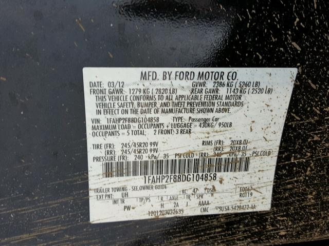 1FAHP2F88DG104858 - 2013 FORD TAURUS LIM BLACK photo 10