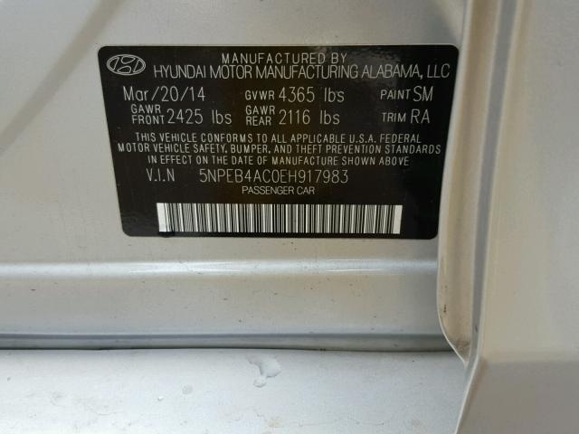 5NPEB4AC0EH917983 - 2014 HYUNDAI SONATA GLS SILVER photo 10