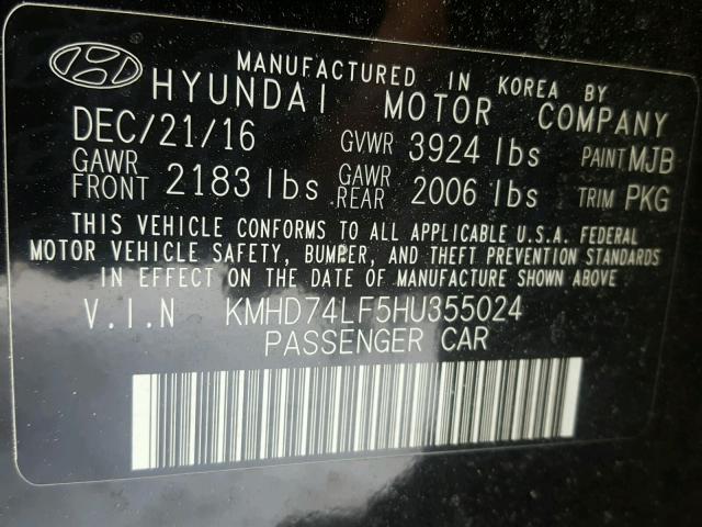 KMHD74LF5HU355024 - 2017 HYUNDAI ELANTRA SE BLACK photo 10