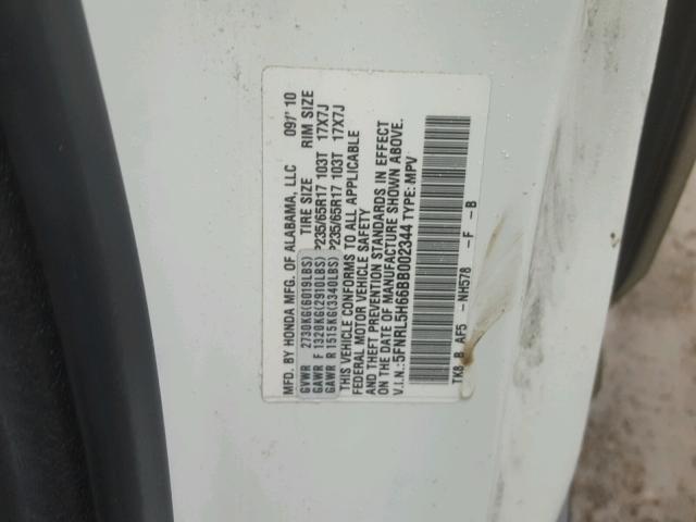 5FNRL5H66BB002344 - 2011 HONDA ODYSSEY EX WHITE photo 10