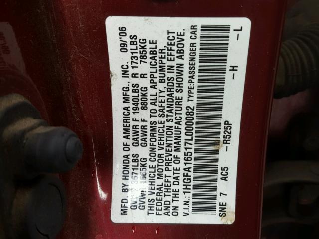 1HGFA16517L000082 - 2007 HONDA CIVIC LX RED photo 10