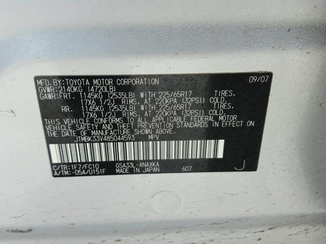 JTMBK33V485044593 - 2008 TOYOTA RAV4 SILVER photo 10