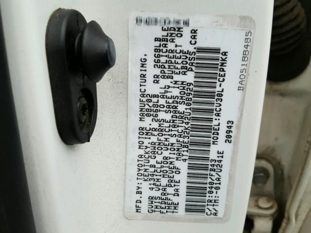 4T1BE32K42U108929 - 2002 TOYOTA CAMRY LE WHITE photo 10