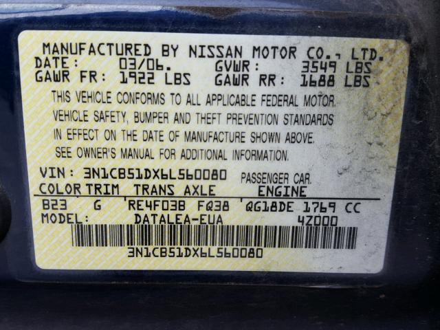 3N1CB51DX6L560080 - 2006 NISSAN SENTRA 1.8 BLUE photo 10