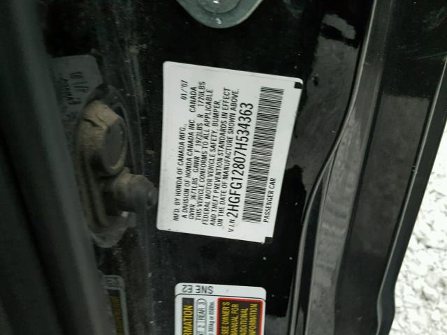 2HGFG12807H534363 - 2007 HONDA CIVIC EX BLACK photo 10