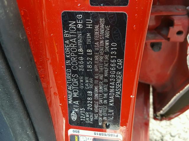 KNADN4A39G6661310 - 2016 KIA RIO EX RED photo 10