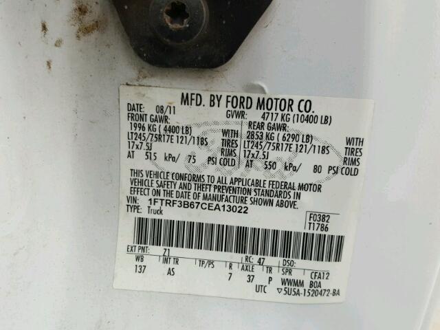 1FTRF3B67CEA13022 - 2012 FORD F350 SUPER WHITE photo 10