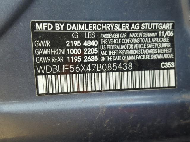 WDBUF56X47B085438 - 2007 MERCEDES-BENZ E 350 BLUE photo 10