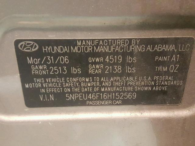 5NPEU46F16H152569 - 2006 HYUNDAI SONATA GLS GRAY photo 10