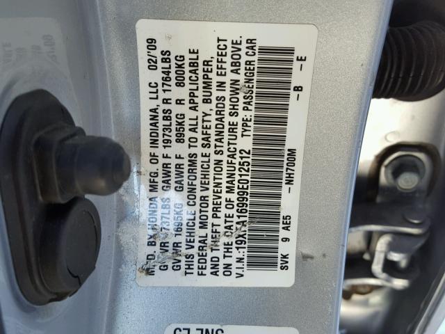 19XFA16999E012512 - 2009 HONDA CIVIC EXL 银色 照片 10