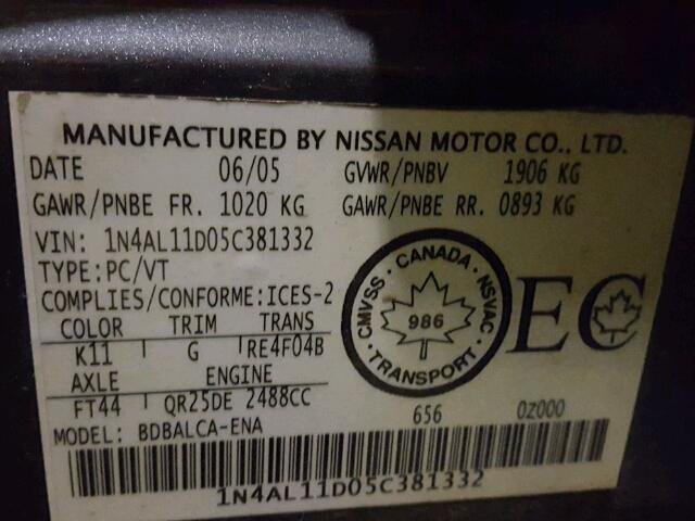 1N4AL11D05C381332 - 2005 NISSAN ALTIMA S GRAY photo 10